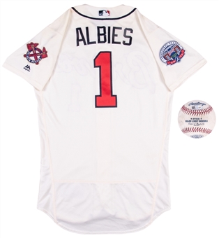 2017 Ozzie Albies Game Used & Photo Matched Atlanta Braves Jersey Matched to 2nd Career Hit on 8/5/17 with Game Used OML Manfred Baseball from Debut! (MLB Authenticated, Henderson LOA & Elite Sports)